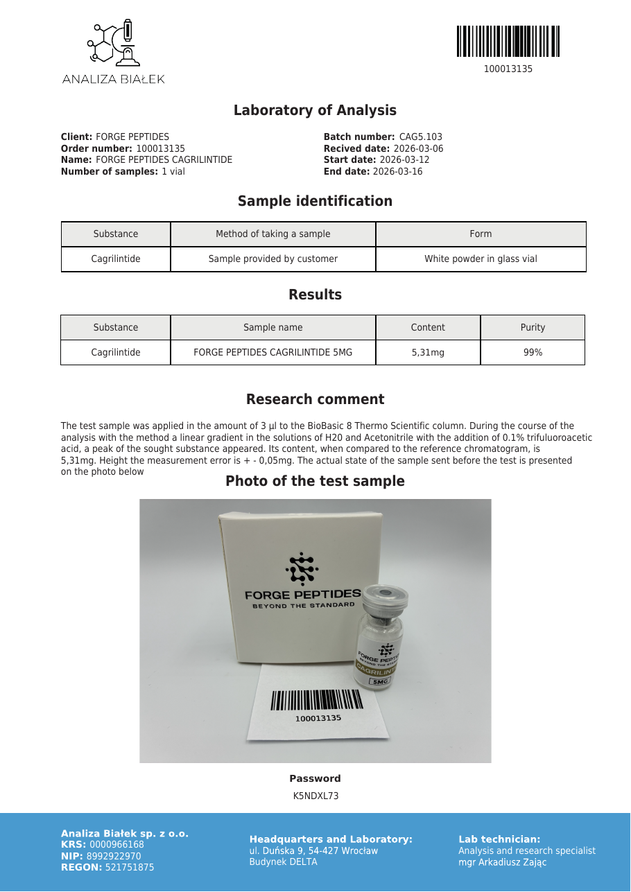 Certificate displayed by Forgepeptides