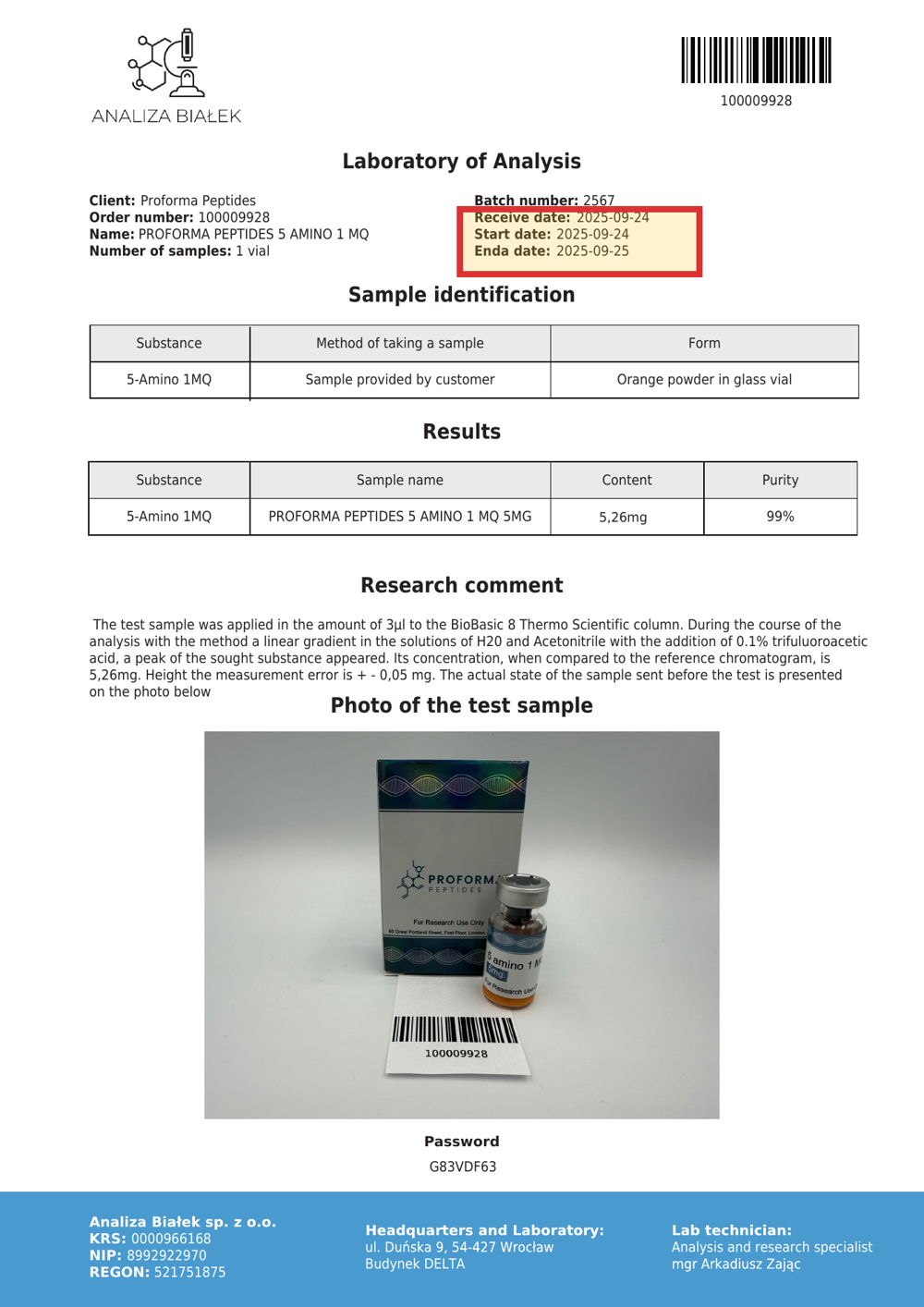 Certificate displayed by Proforma Peptides